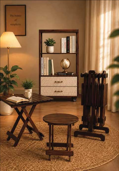 A Saaj Craft folding table, stool and book rack in a living room